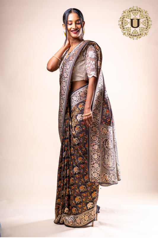 Black Elephant Motif Sanchi Silk Saree