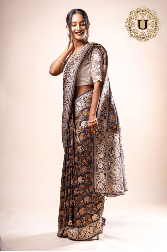 Black Elephant Motif Sanchi Silk Saree U fashion
