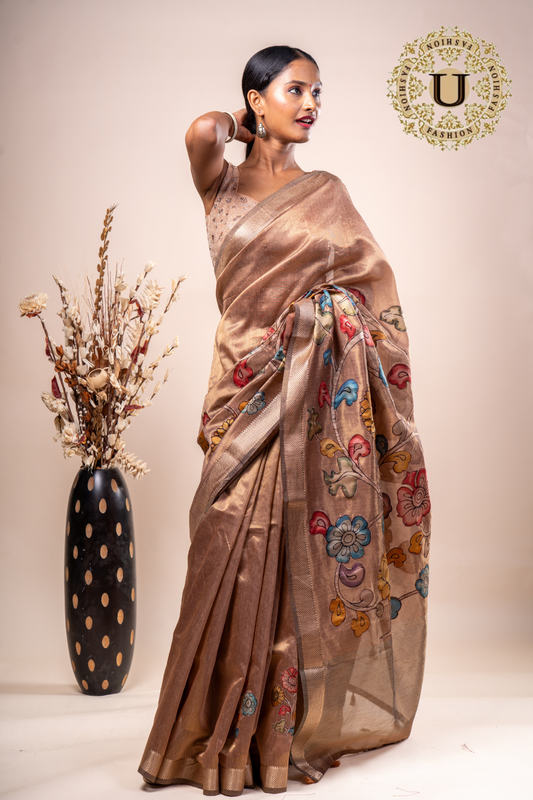 Copper Cotton Silk Kalamkari Applique Saree