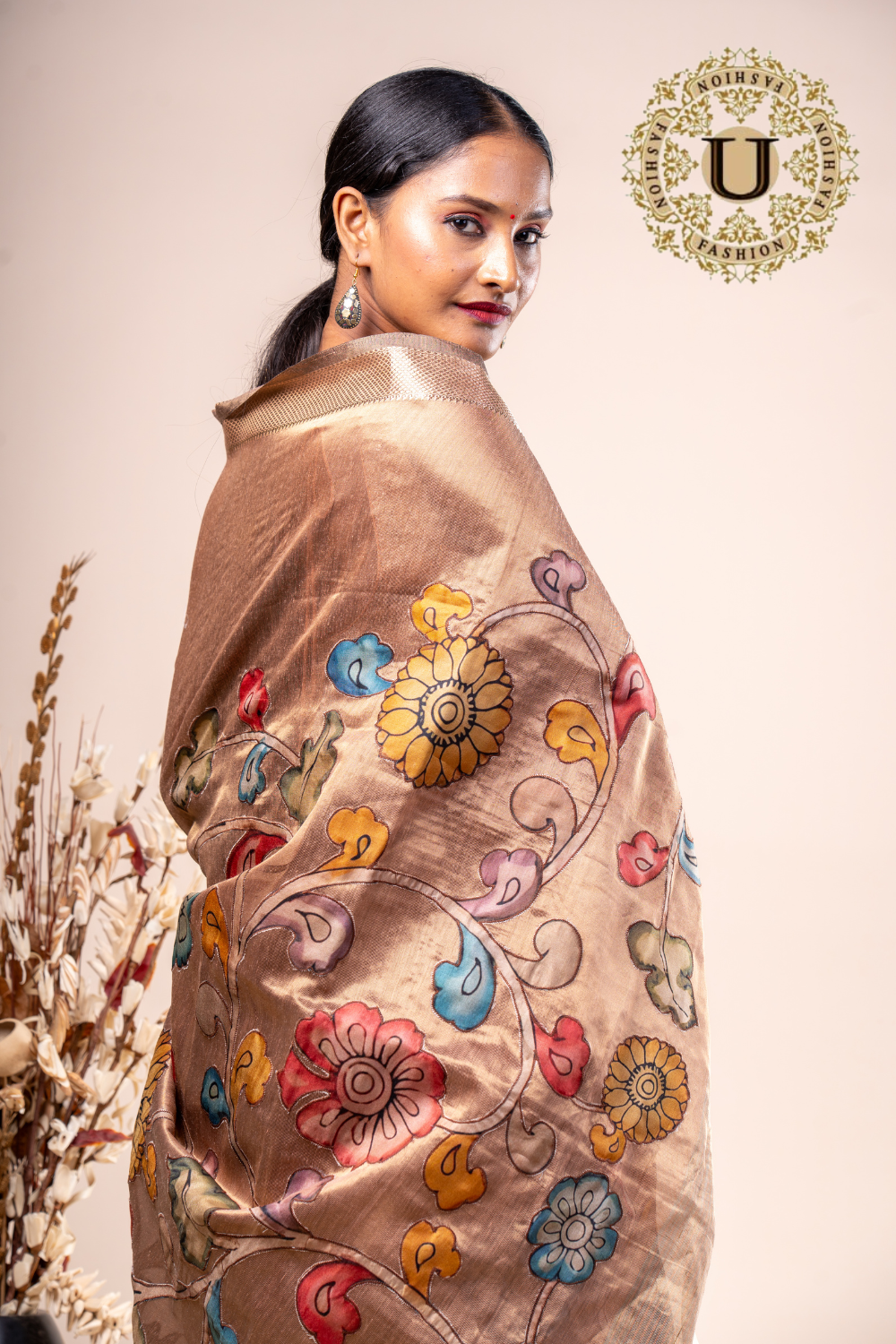 Copper Cotton Silk Kalamkari Applique Saree