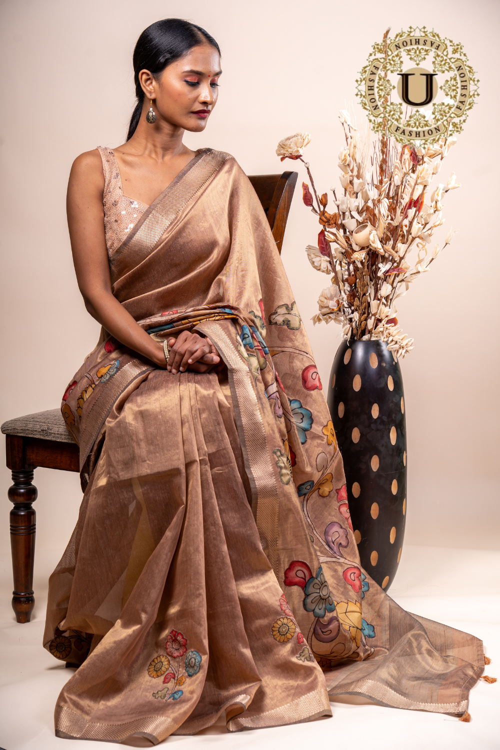 Copper Cotton Silk Kalamkari Applique Saree