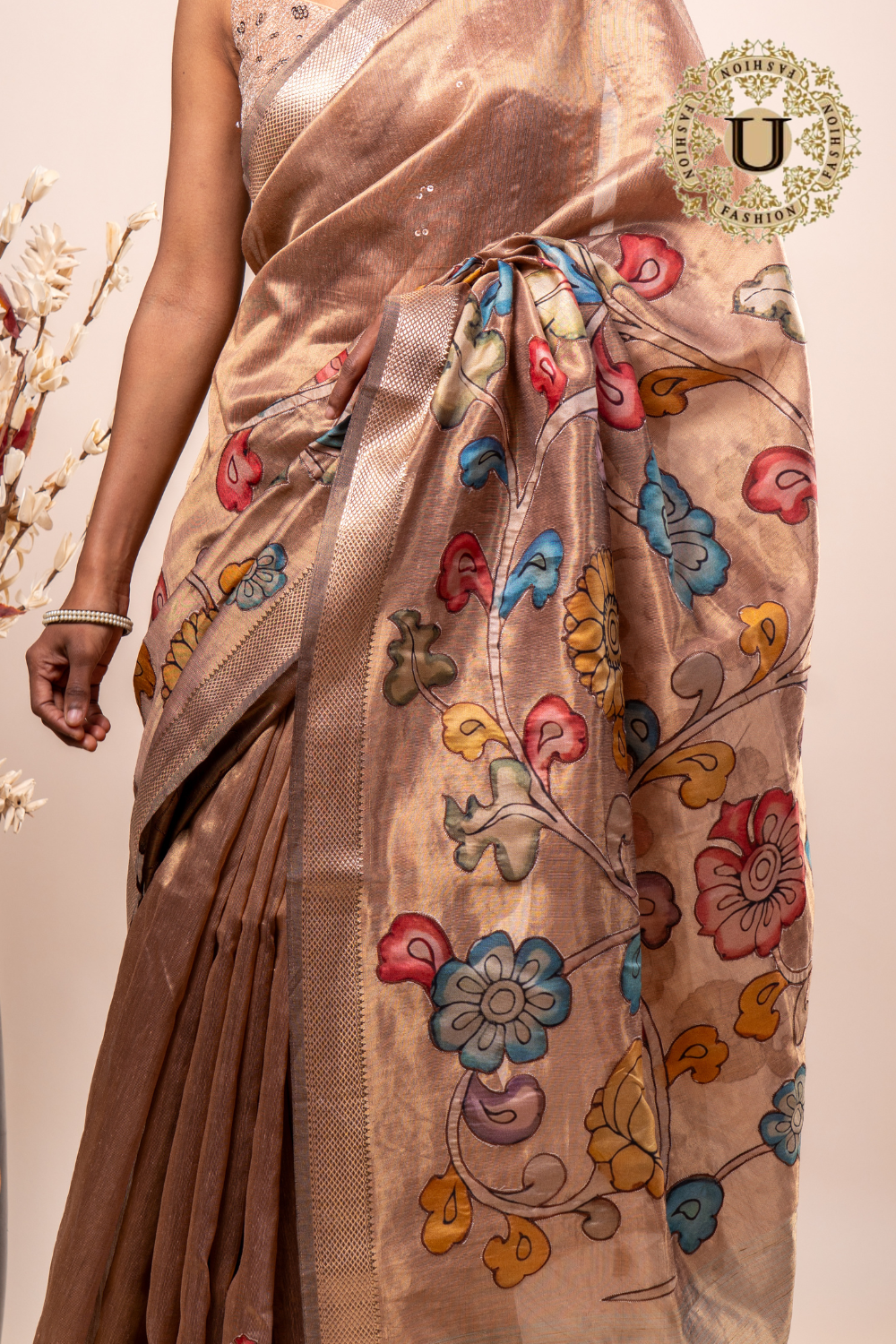 Copper Cotton Silk Kalamkari Applique Saree