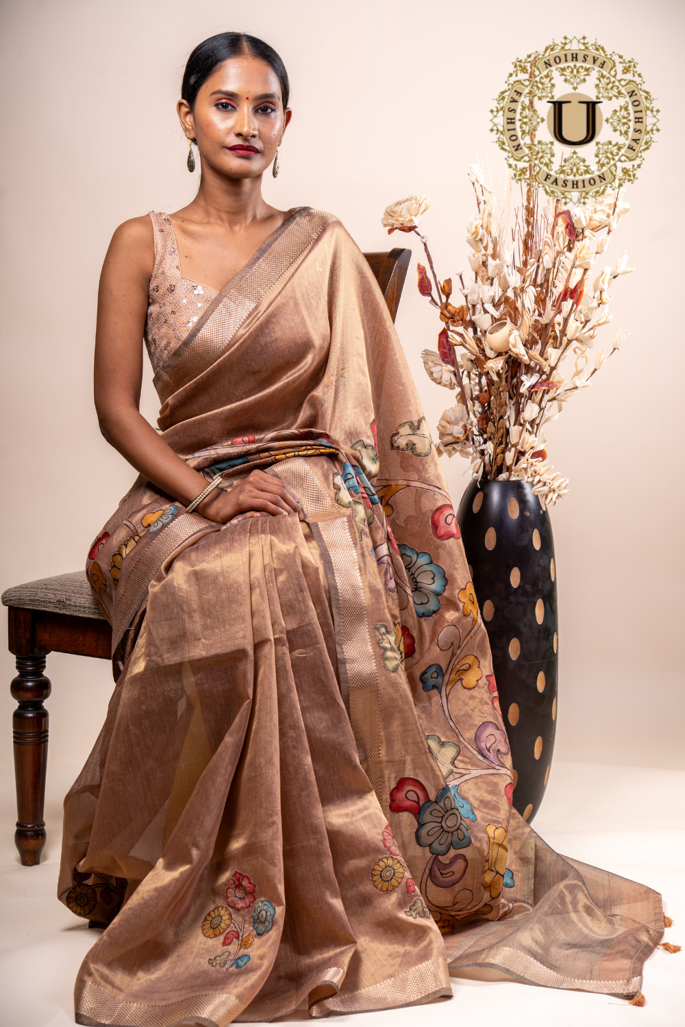 Copper Cotton Silk Kalamkari Applique Saree