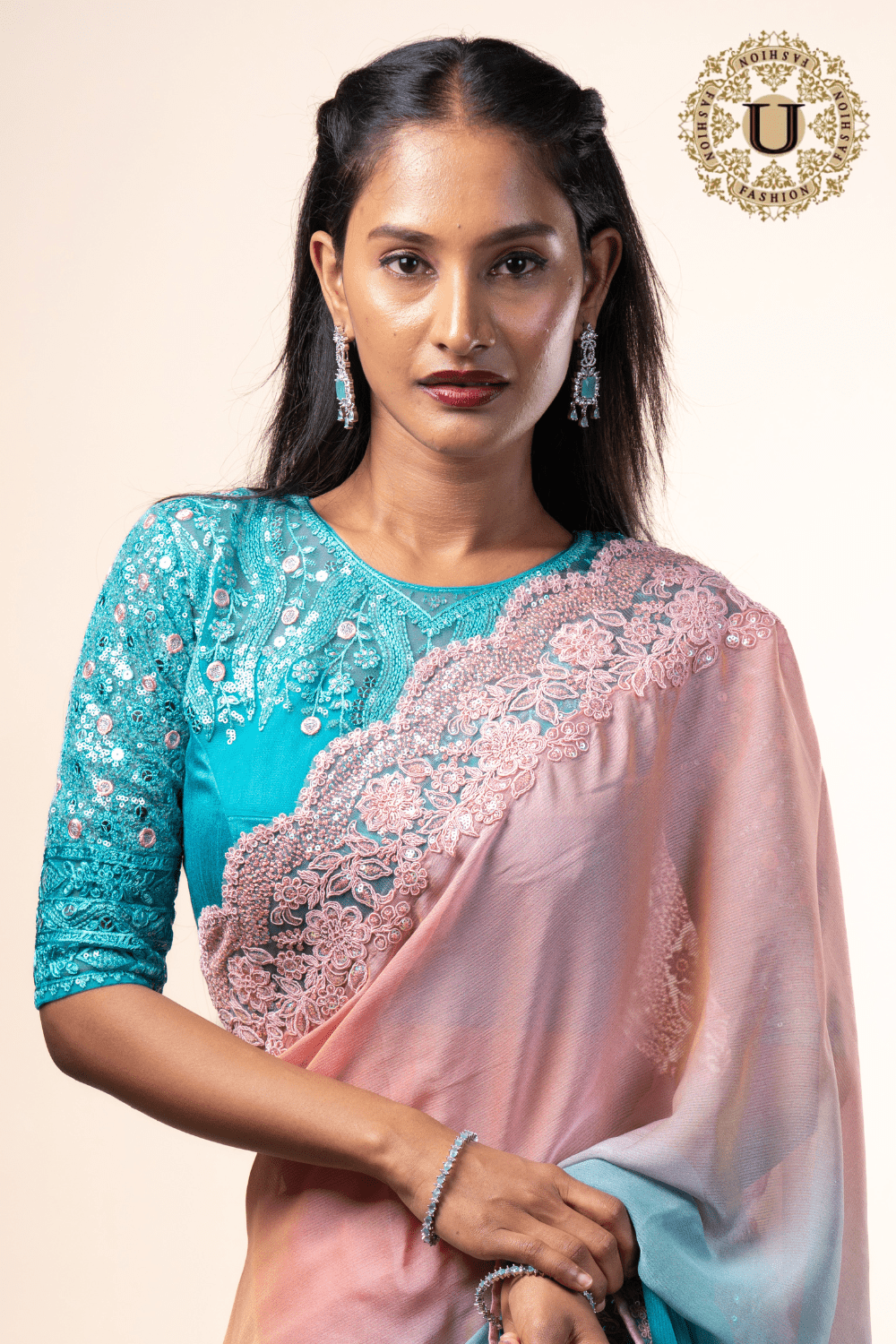Blue & peach shaded crape fancy saree U fashion