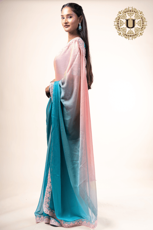 Blue & Pink Chiffon Saree U fashion