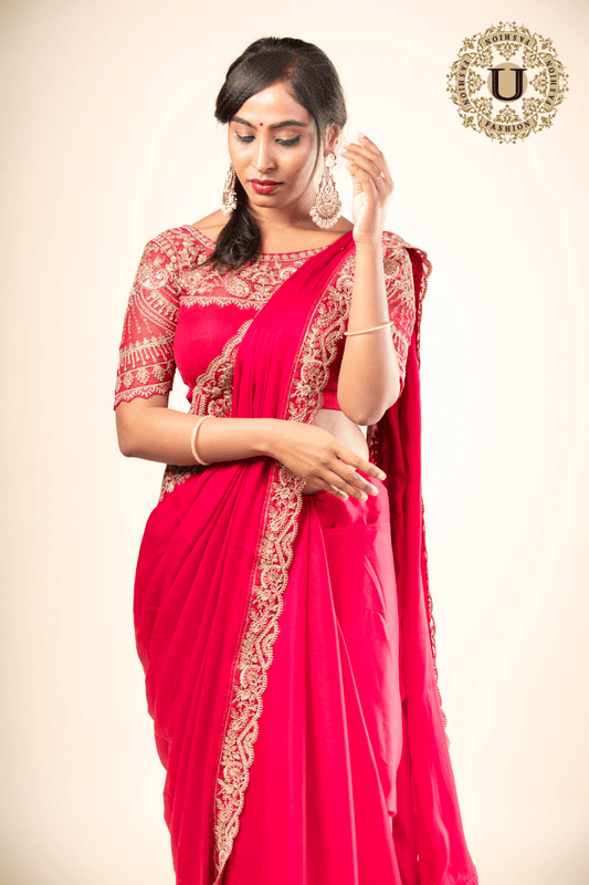 Majenta Semi Crape Embroidered Saree & Blouse. U fashion