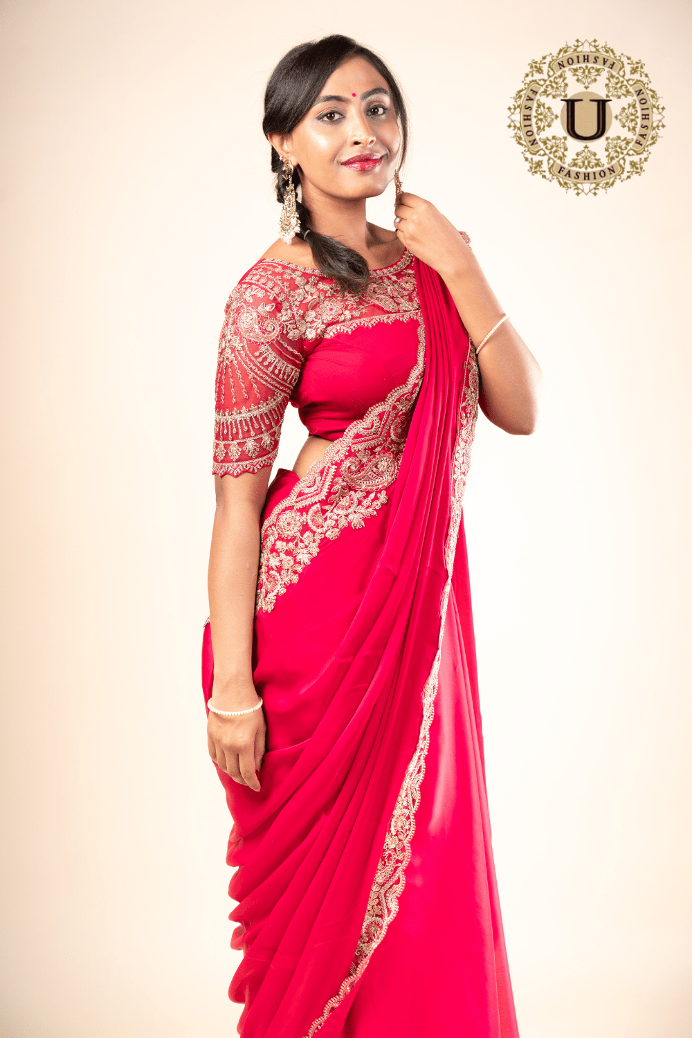 Rani Pink Emroidered Semi Crepe Saree U fashion