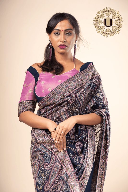 Navy Blue Georgette Sequence Embroidered Saree U fashion