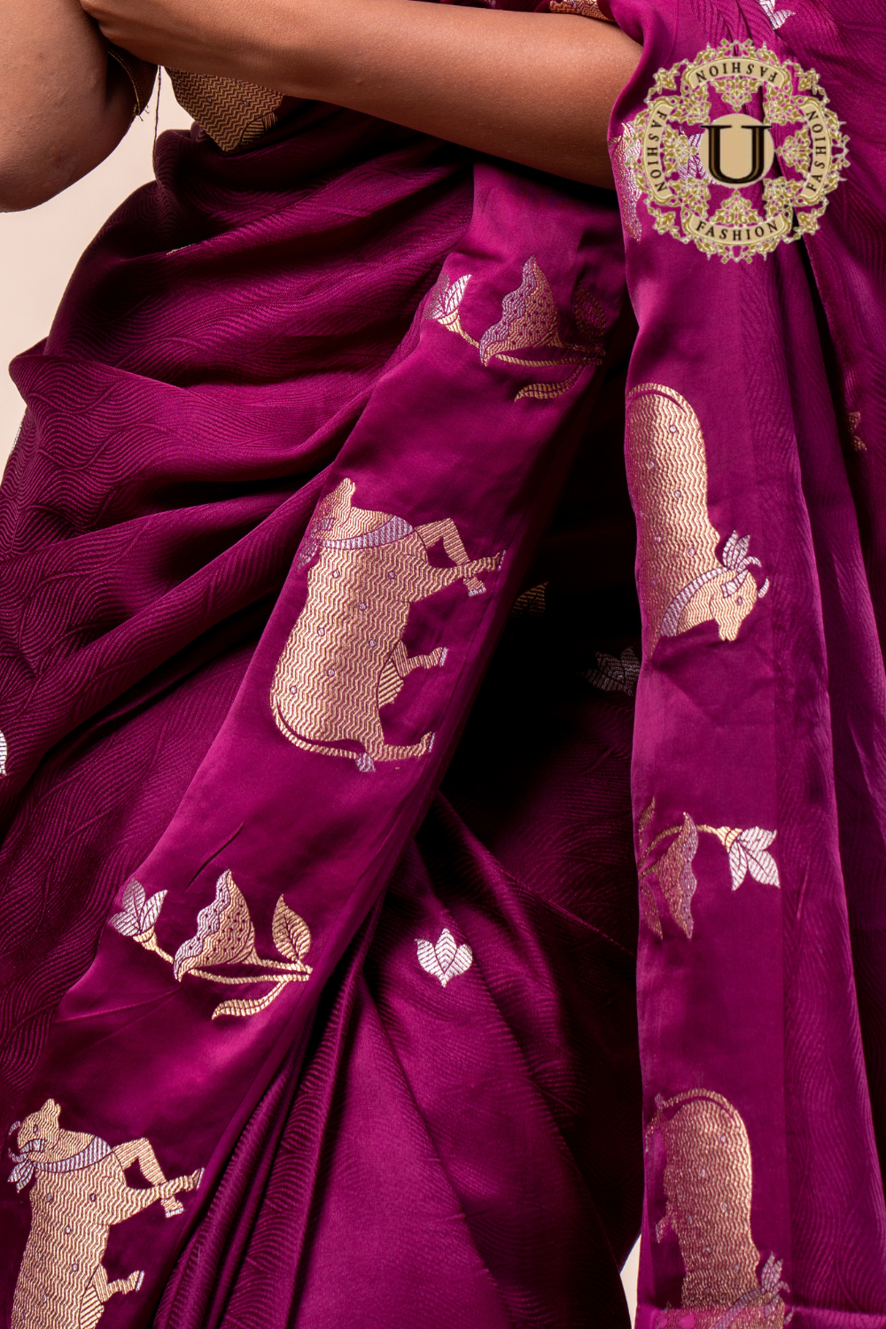 Wine crape zari cow design saree
