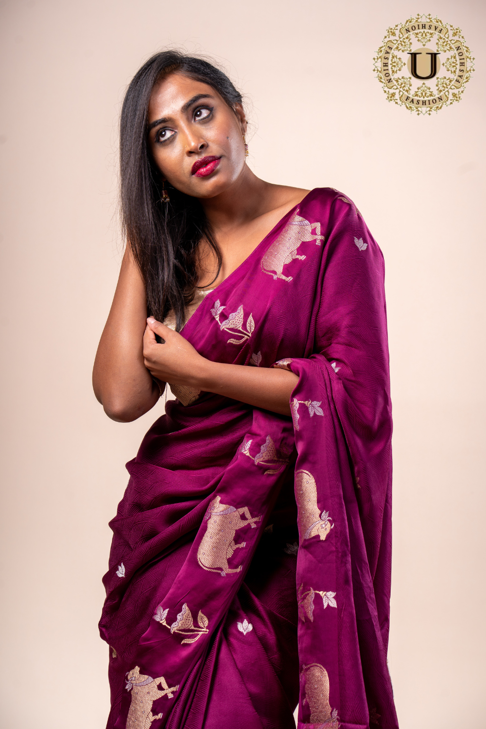 WINE SEMI CRAPE COW ZARI BORDER