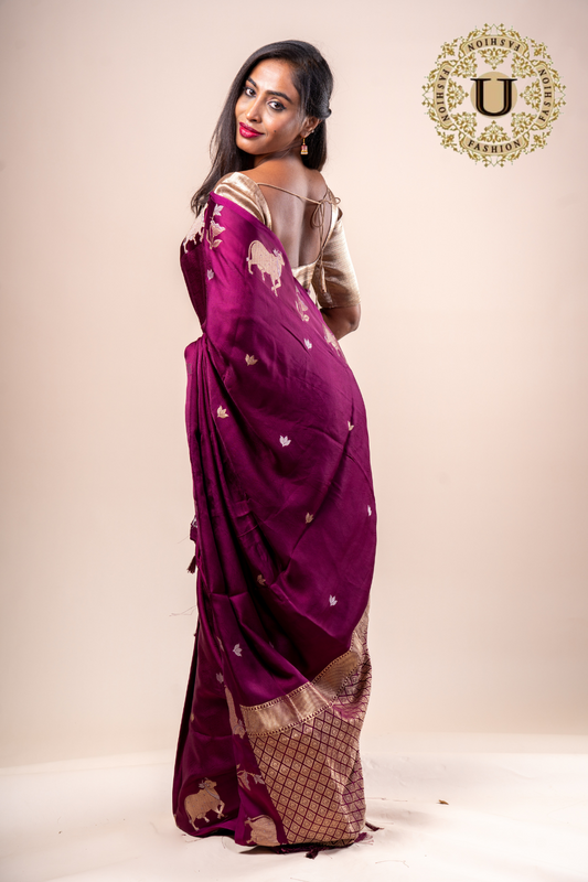 WINE CRAPE ZARI COW DESIGN SAREE.