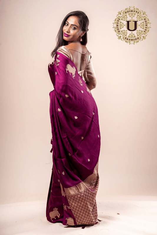 Wine crape zari cow design saree U fashion