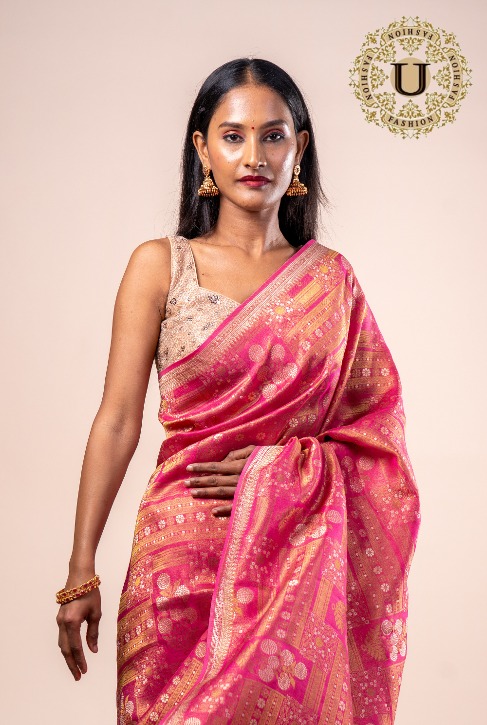 Pink With Zari Woven Saree