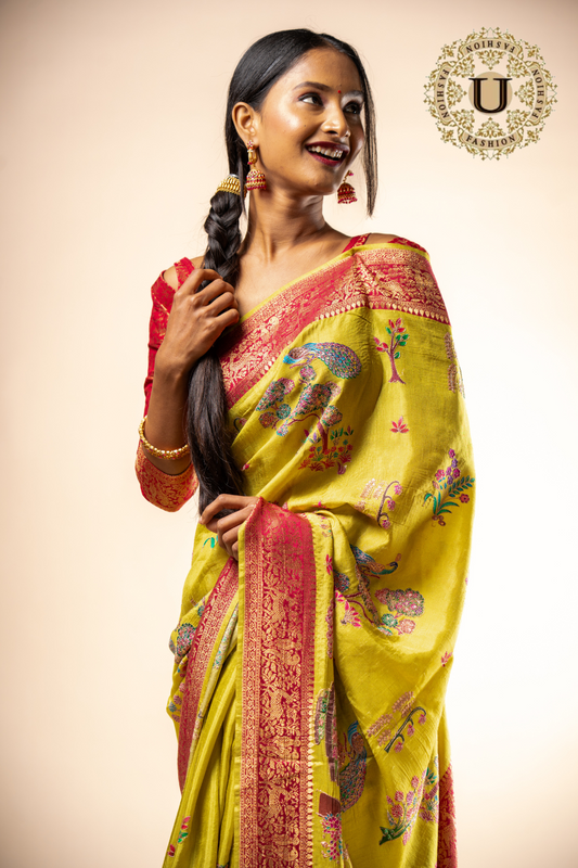Lime Green Viscose Woven Silk Saree