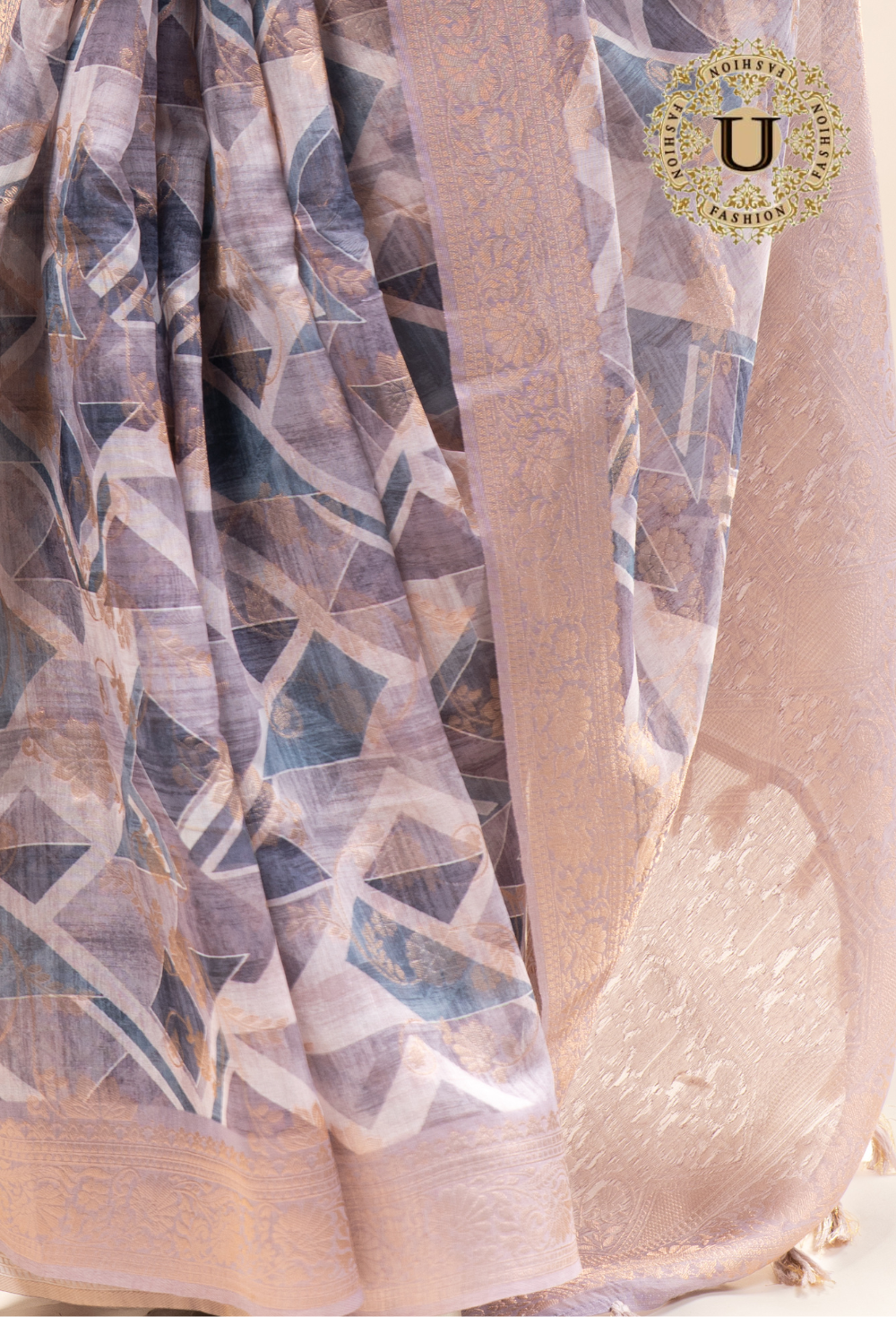 Beige and purple printed semi organza Saree