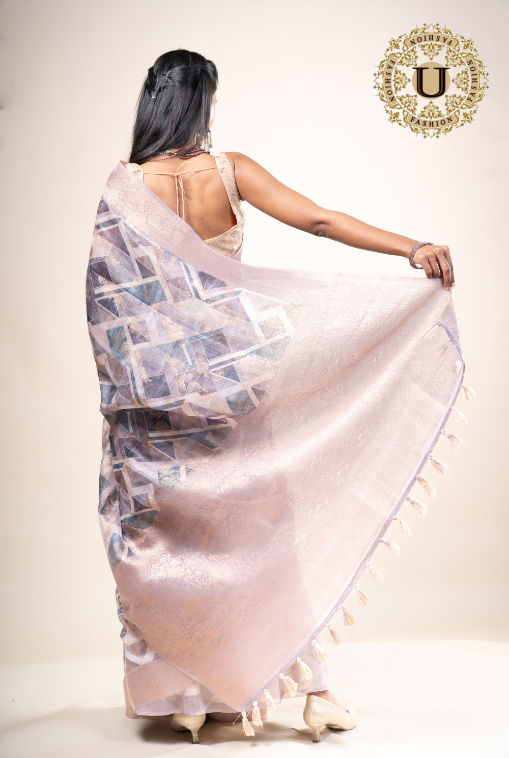 Beige and purple printed semi organza Saree