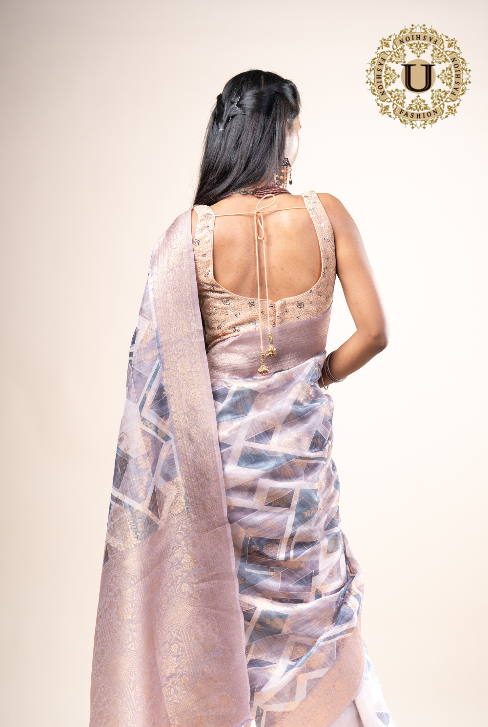 Beige and purple printed semi organza Saree