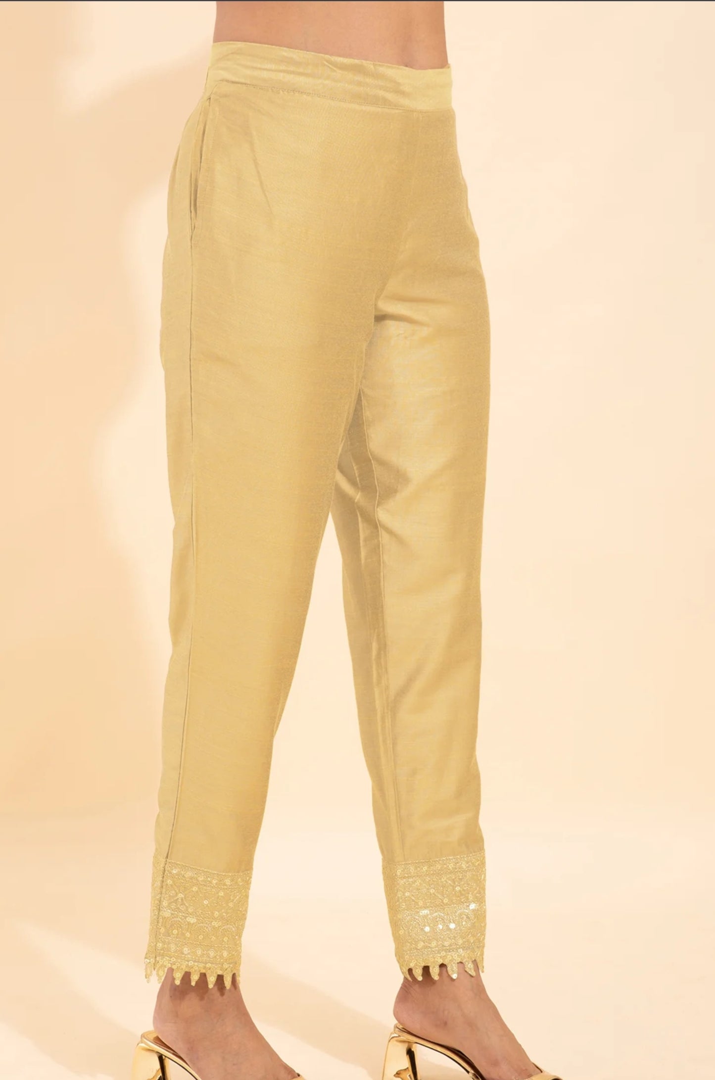 Beige glazed cotton straight pant for women