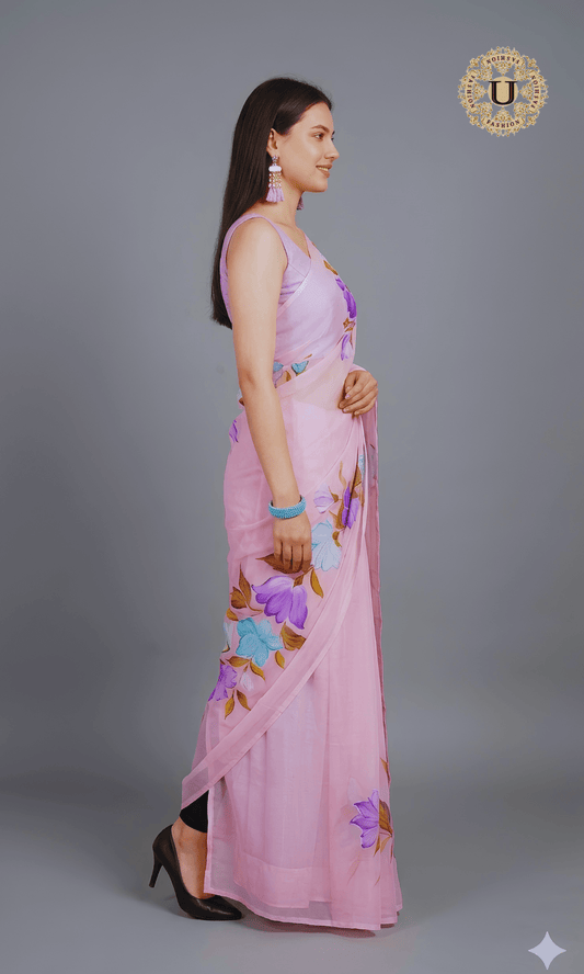 Pink Hand Painted Chiffon Saree U fashion