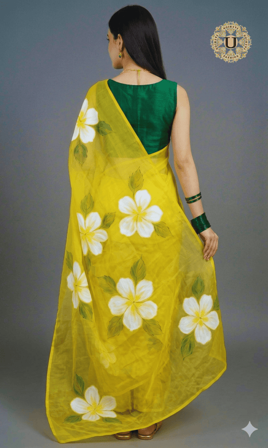 Yellow Hand Painted Chiffon Saree Free size U fashion