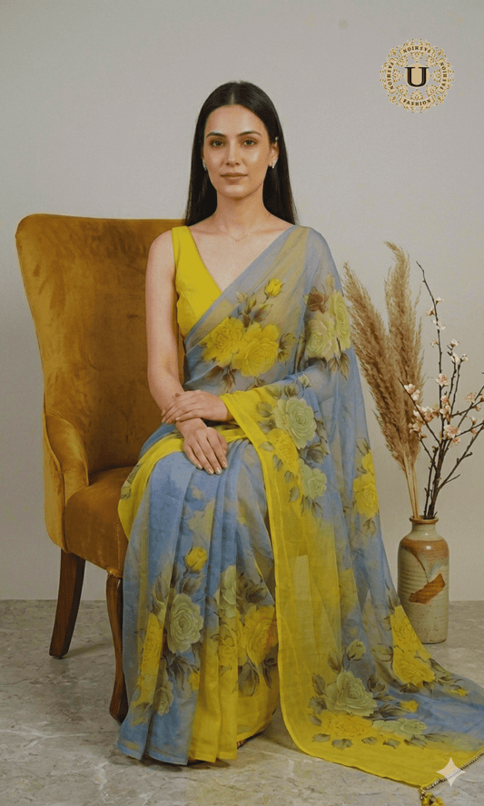Yellow Grey Hand Painted Chiffon Saree U fashion