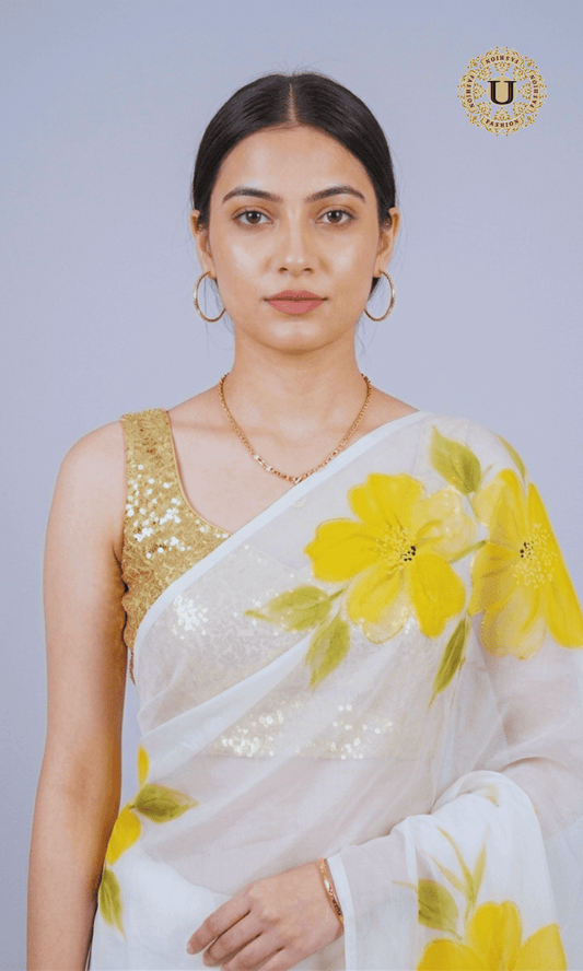 White Hand Painted Chiffon Saree U fashion