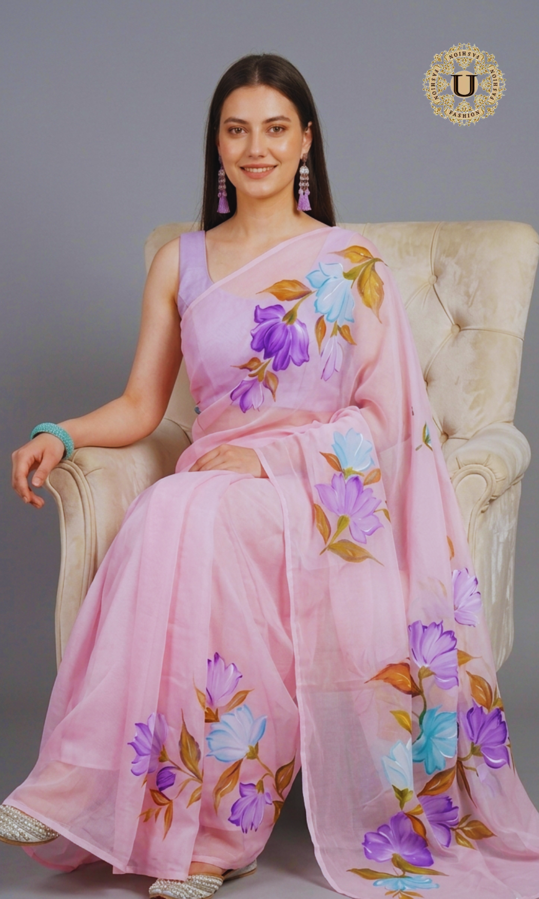 Pink Hand Painted Chiffon Saree