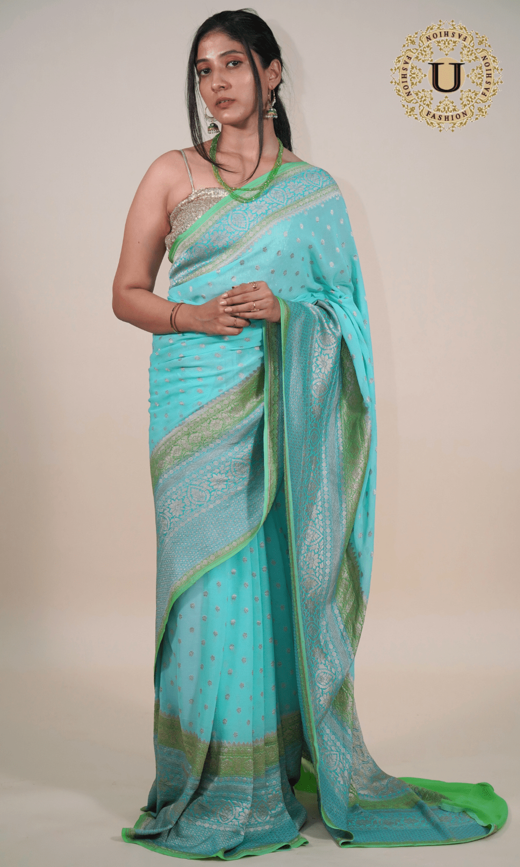 Torquoise Blue Banaras Georgette Saree U fashion