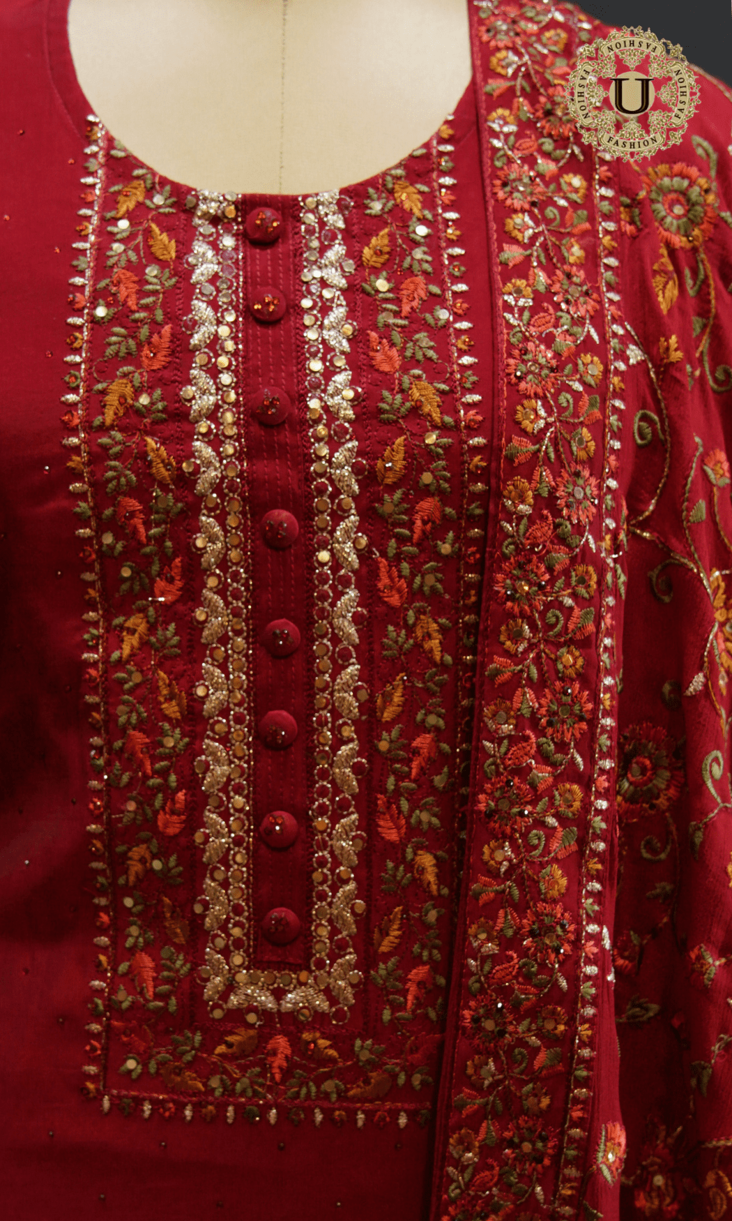 Red Blended Crape Thread and Zari Embroidered Un Stitched Suit U fashion