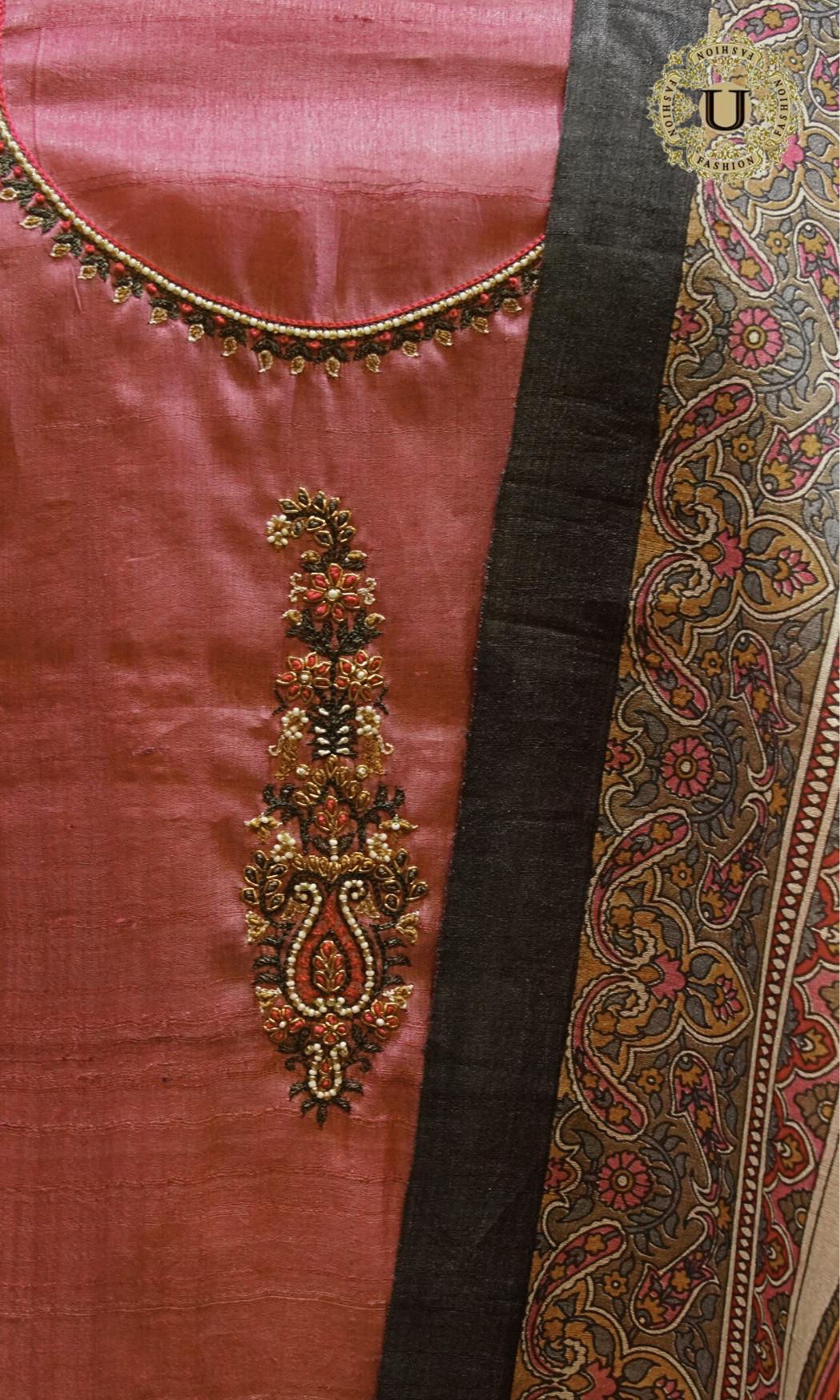 Pink Tussar Silk Hand Embroidery Motif With Digital Printed Dupatta Un Stitched Suit material