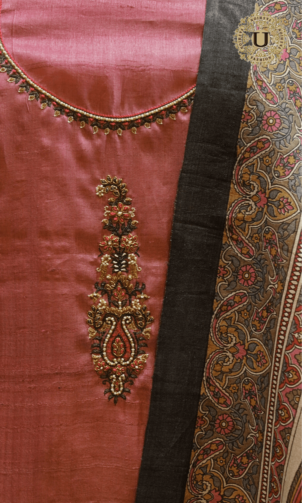 Pink Tussar Silk Hand Embroidery Motif With Digital Printed Dupatta Un Stitched Suit material U fashion