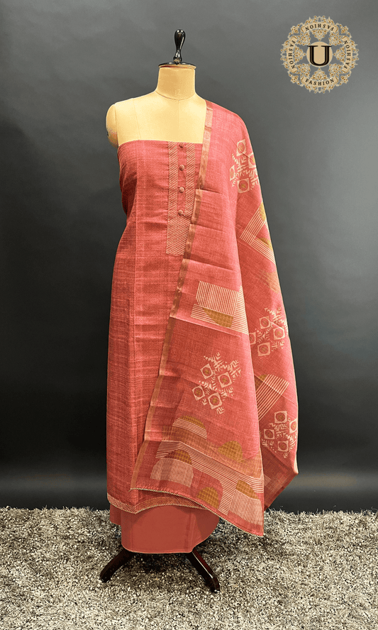 Onion Chanderi Block Printed Un Stitched Suit U fashion