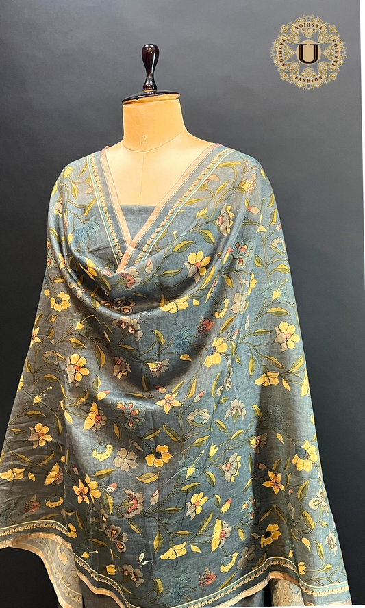 Soft Tussar Silk Figurative Digital Printed Un Stiched Suit
