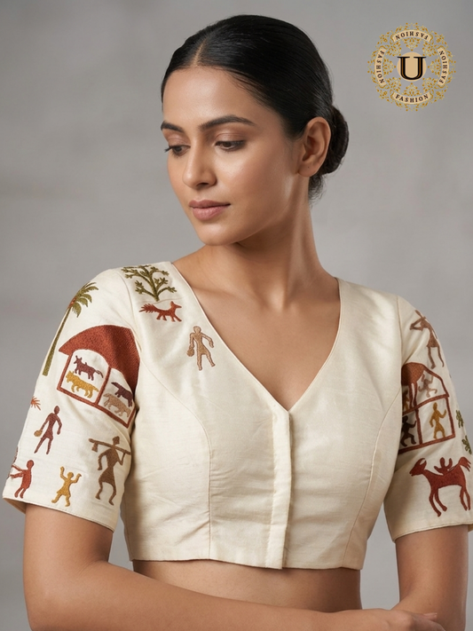 Cream Spun Silk Blouse with Warli Art Embroidery