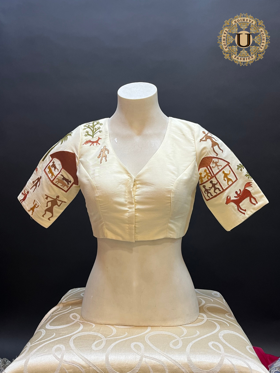 Cream Spun Silk Blouse with Warli Art Embroidery