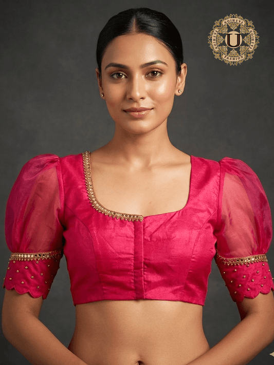 Pink Organza Puff Sleeves Designer Blouse U fashion