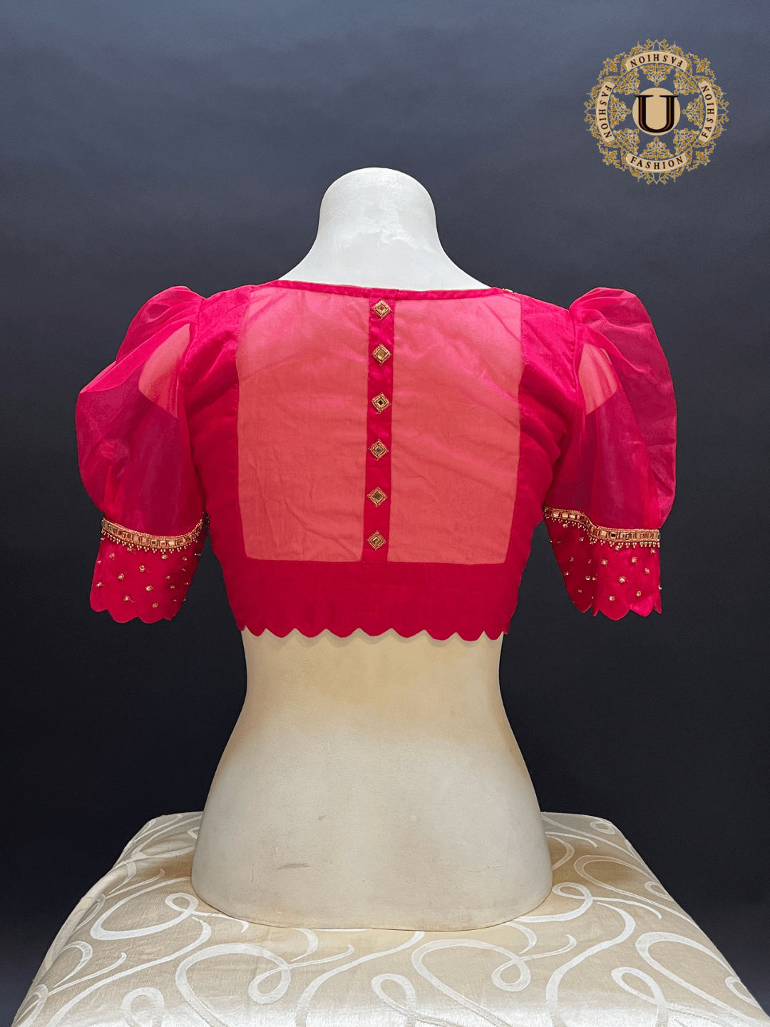 Pink Organza Puff Sleeves Designer Blouse U fashion