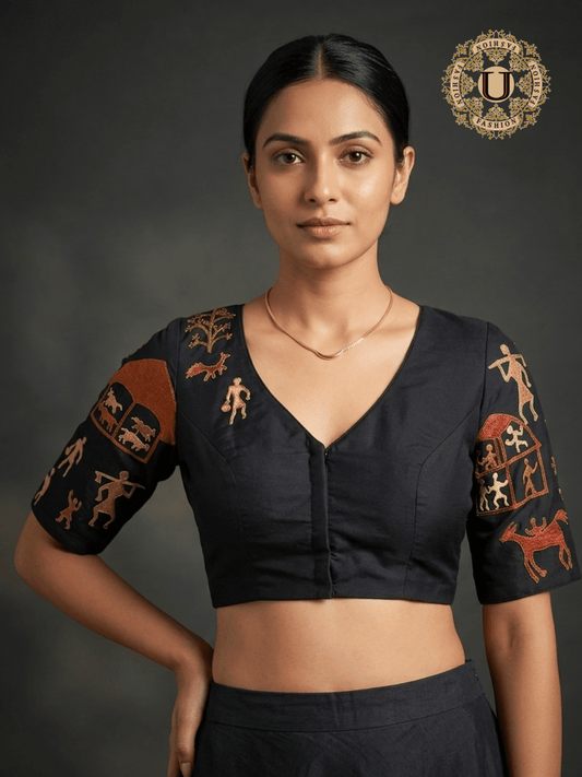 Black Spun Silk Warli Embroidery Designer Blouse U fashion