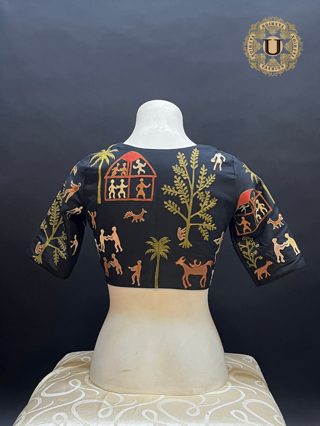 Black Spun Silk Warli Embroidery Designer Blouse U fashion