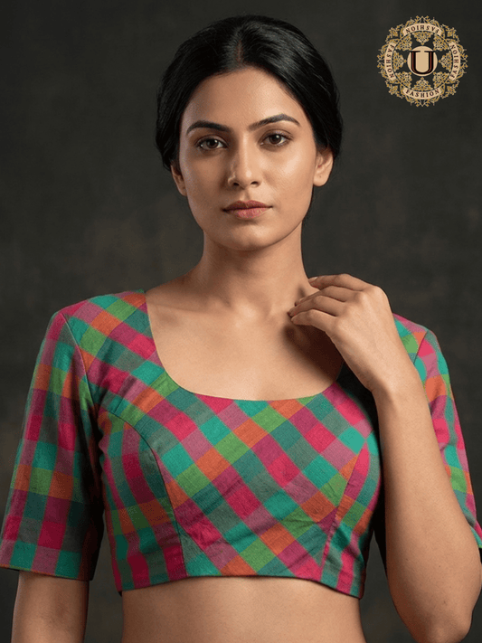 Red & Green Multi Colored Bias Cut Designer Blouse U fashion