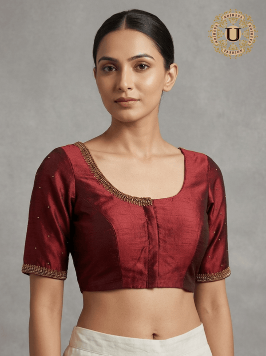Maroon Pure Silk Blouse with Gold Zari Embroidery U fashion