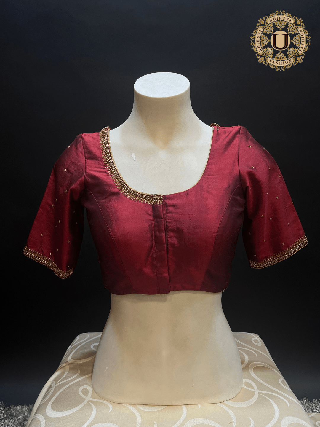 Maroon Pure Silk Blouse with Gold Zari Embroidery U fashion