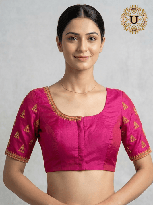 Pink Silk Blouse with Orange & Zari Embroidery U fashion