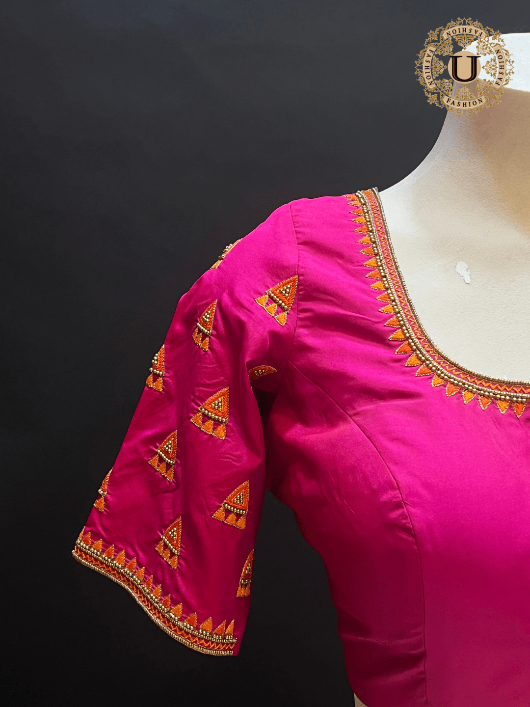 Pink Silk Blouse with Orange & Zari Embroidery U fashion