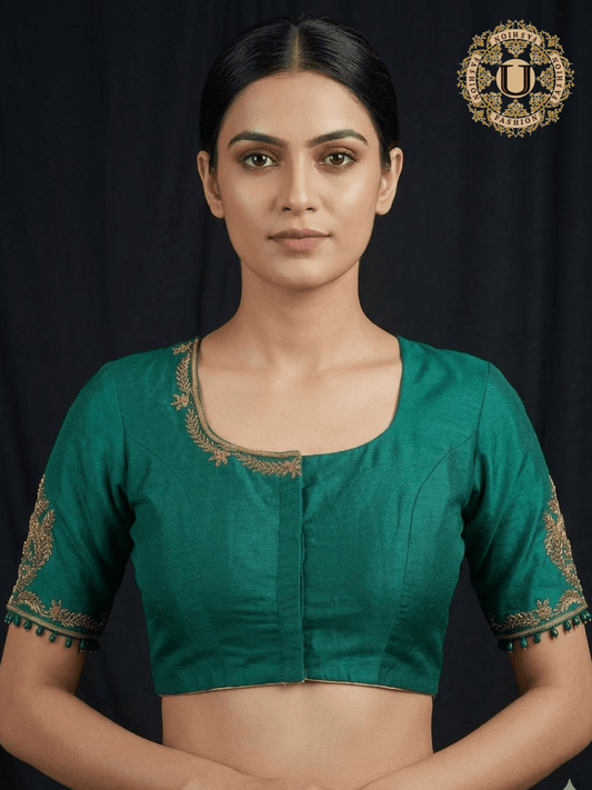 Green Silk Cotton Blouse with Zardozi Bird Motif & Bead Work U fashion