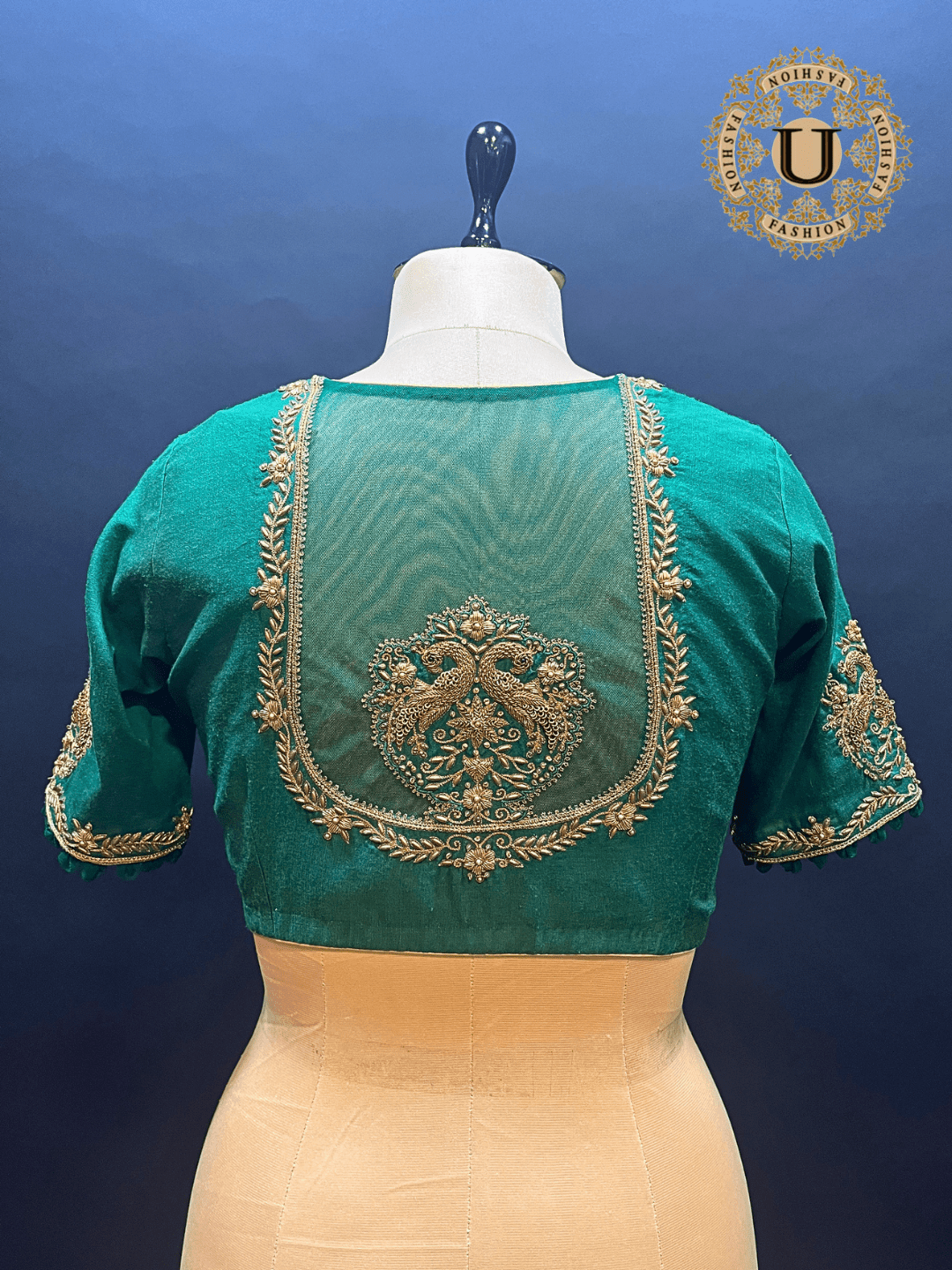 Green Silk Cotton Blouse with Zardozi Bird Motif & Bead Work U fashion