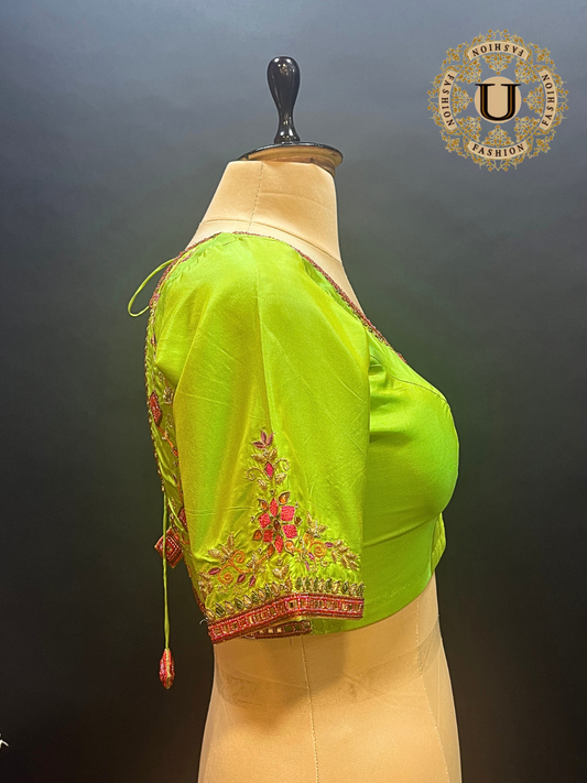 Parrot Green Embroidered Silk Blouse.