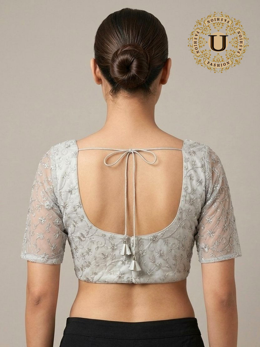 Silver Organza Zari Embroidered Blouse