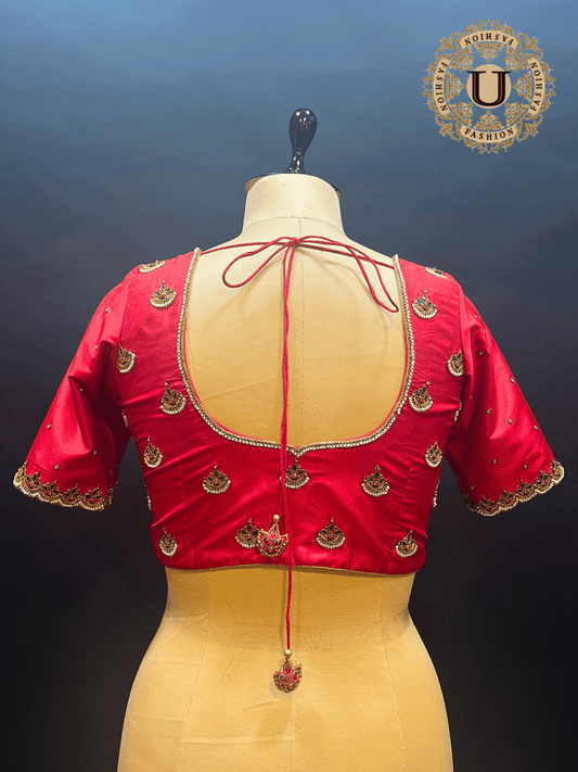 Red Bangalore Silk Blouse | Zardozi Butta with Beads & Stones U fashion