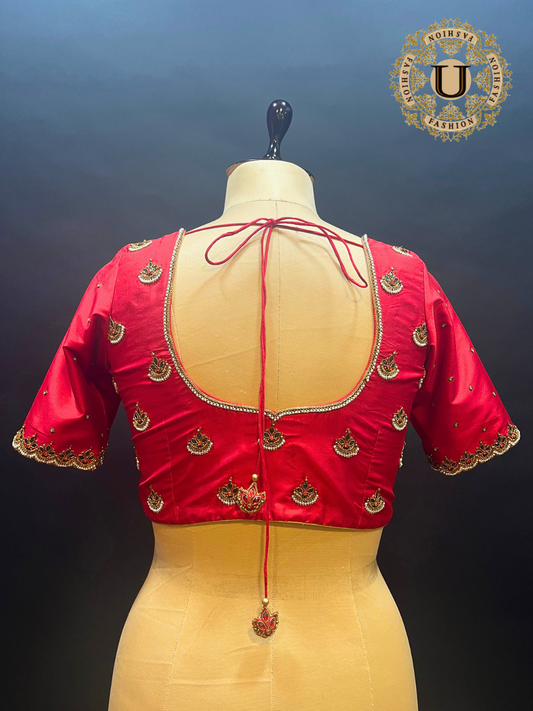 Red Bangalore Silk Blouse | Zardozi Butta with Beads & Stones